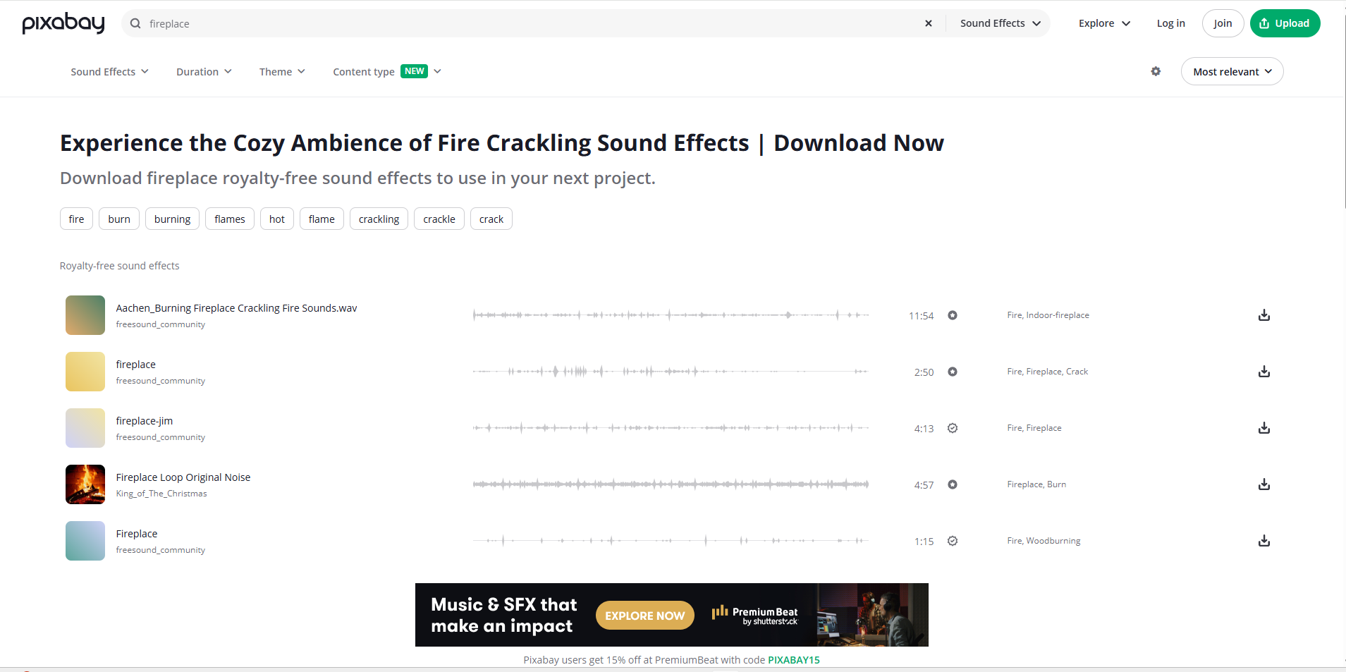 Interface of Pixabay - a great site for fireplace crackling sound effects
