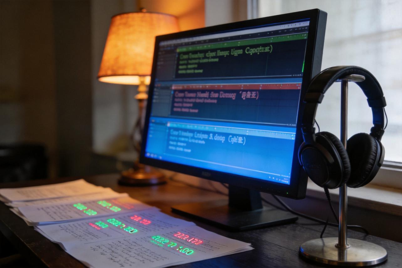 Computer monitor showing multilingual subtitle editing, with headset and printed notes on a desk