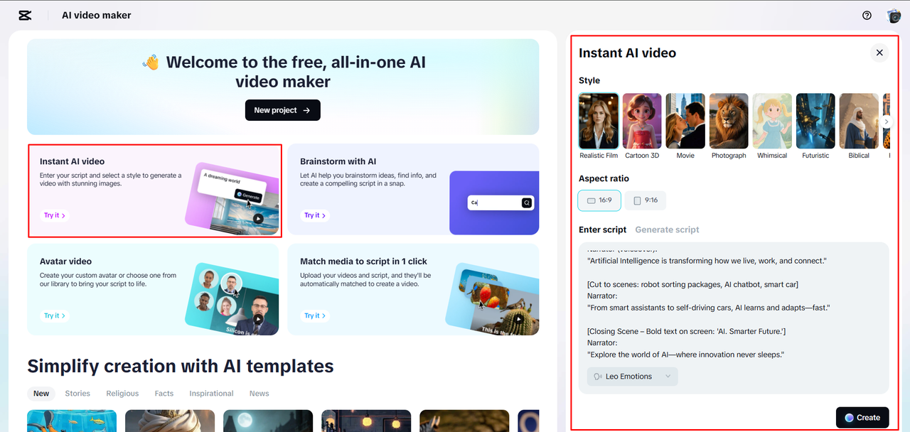 Generating a script and adding voiceover to video in CapCut Web