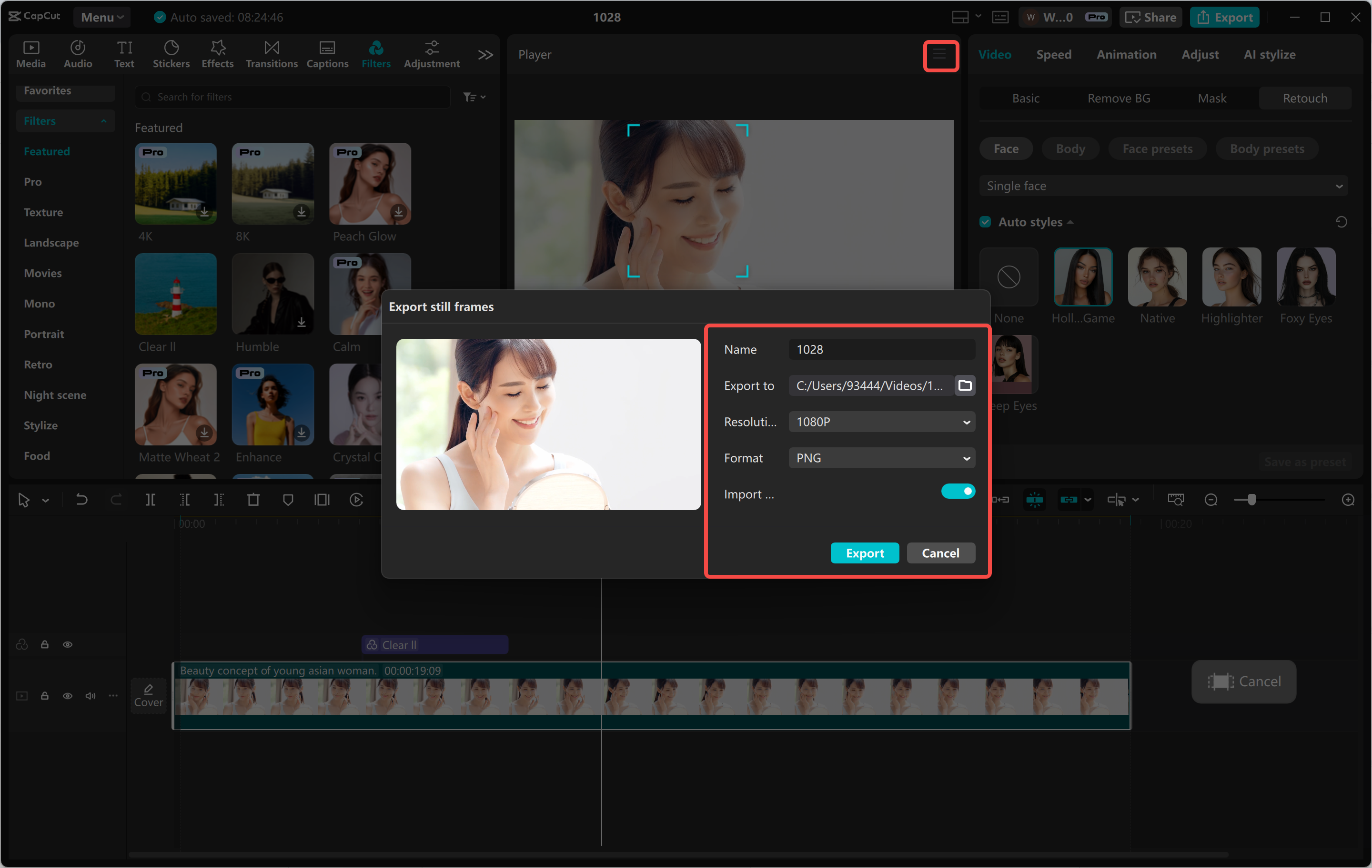 Exporting an image from the CapCut desktop video editor