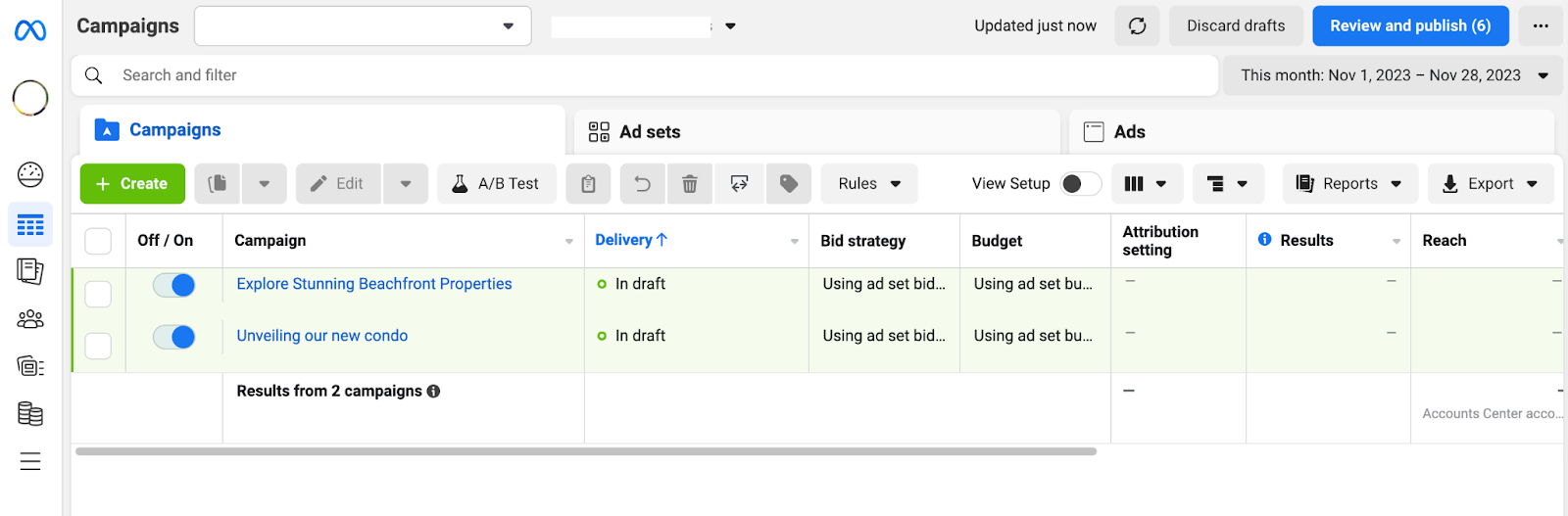 Facebook ads manager interface