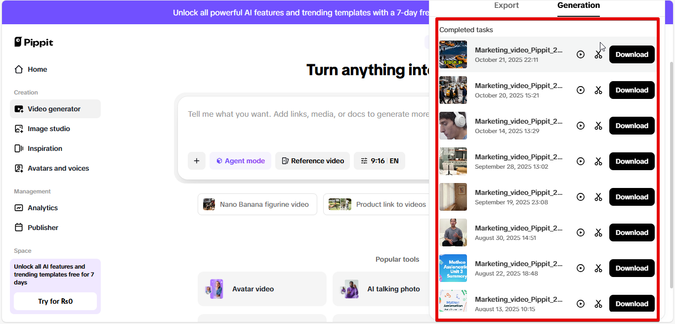 Eksportowanie wideo z Pippit