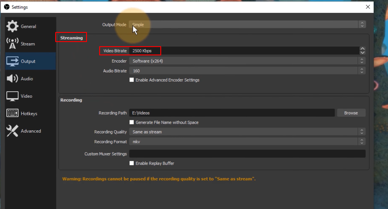 Itakda ang bitrate sa OBS window capture