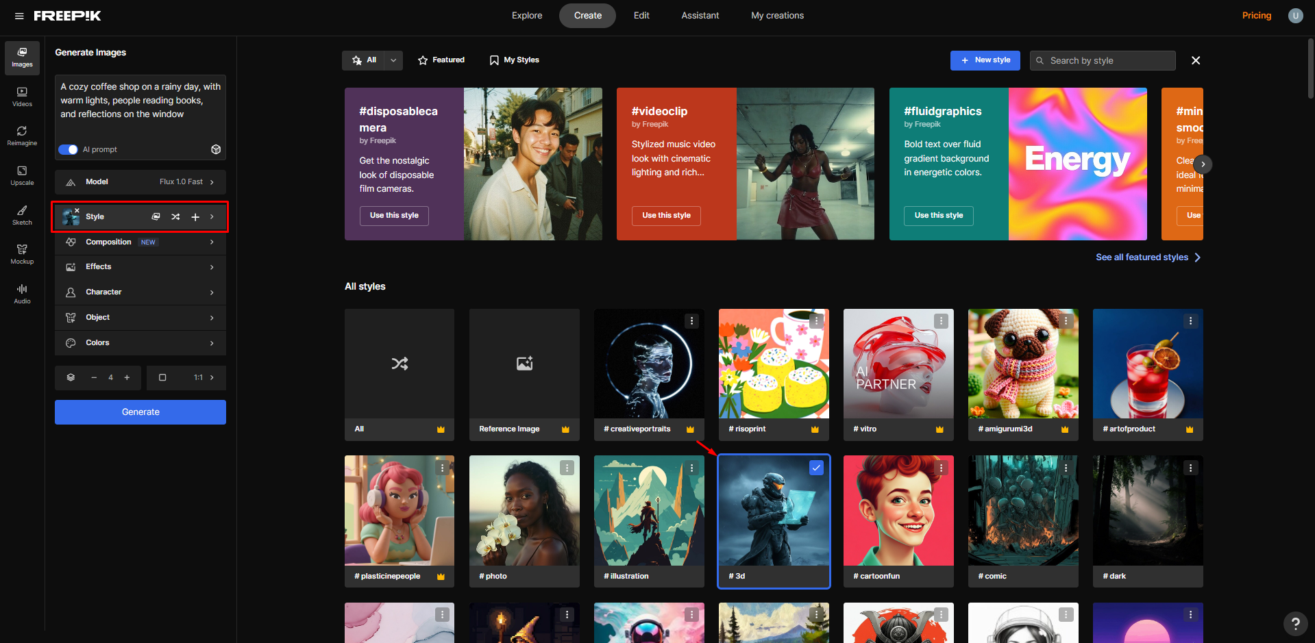 Escolhendo um estilo de imagem no Freepik