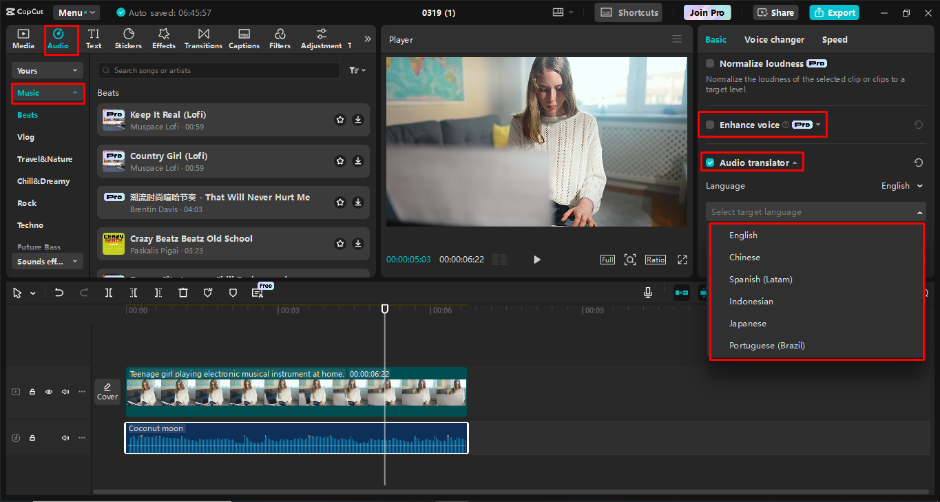Adicionando e aprimorando músicas usando o editor de vídeo para desktop CapCut