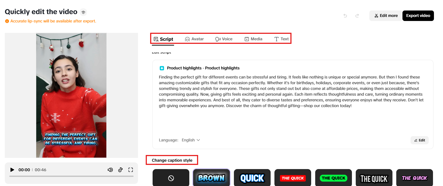 Modify script, avatar, voice, media and text