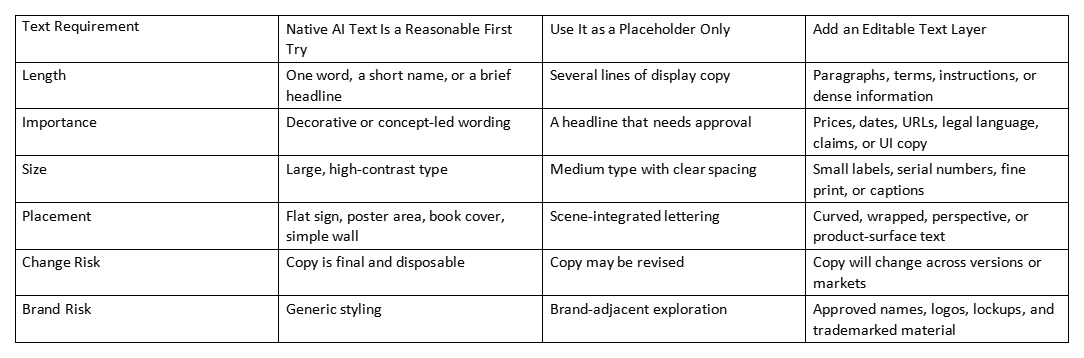 Table comparing text requirements, native AI text, placeholder text, and editable text layers