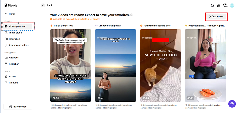 Pilih video hasil generasi yang Anda sukai