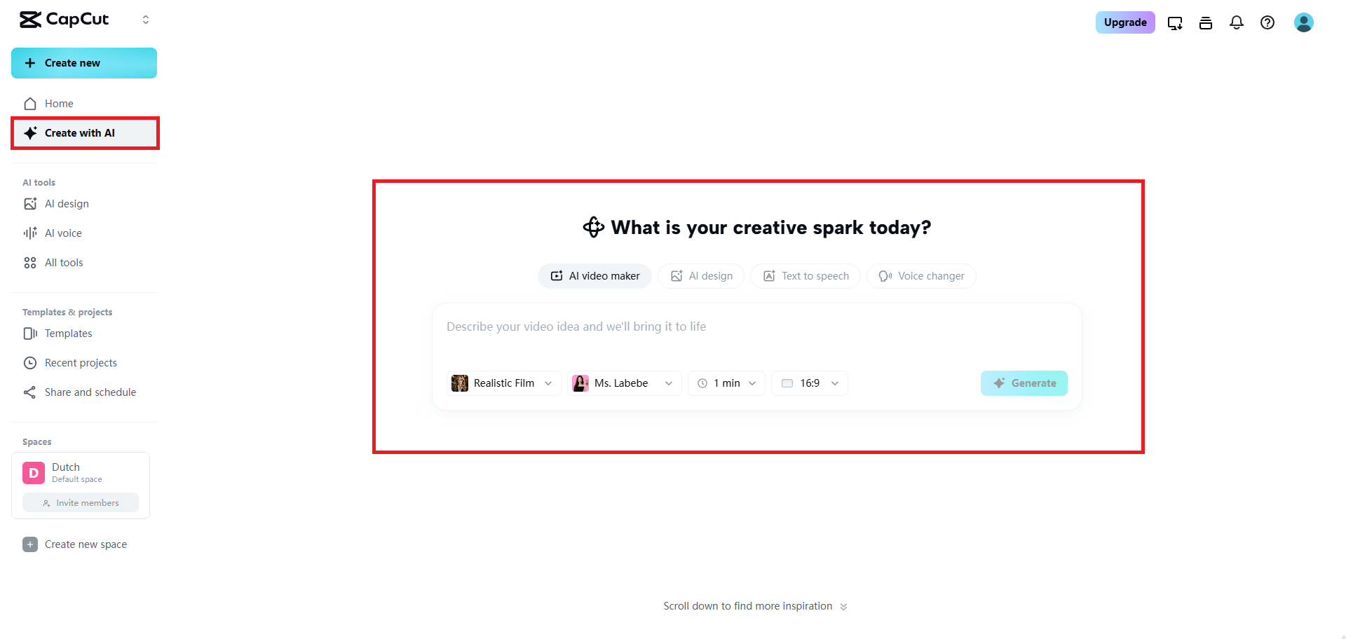 Choose the AI video maker feature