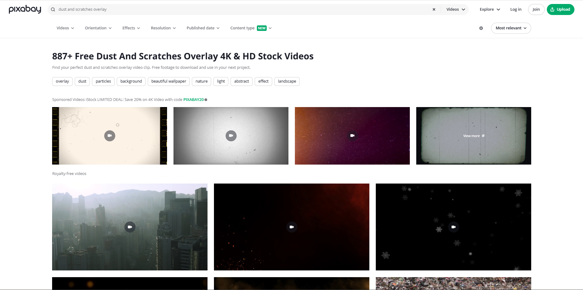 Interfaccia di Pixabay - il sito online perfetto per la sovrapposizione di graffi da polvere