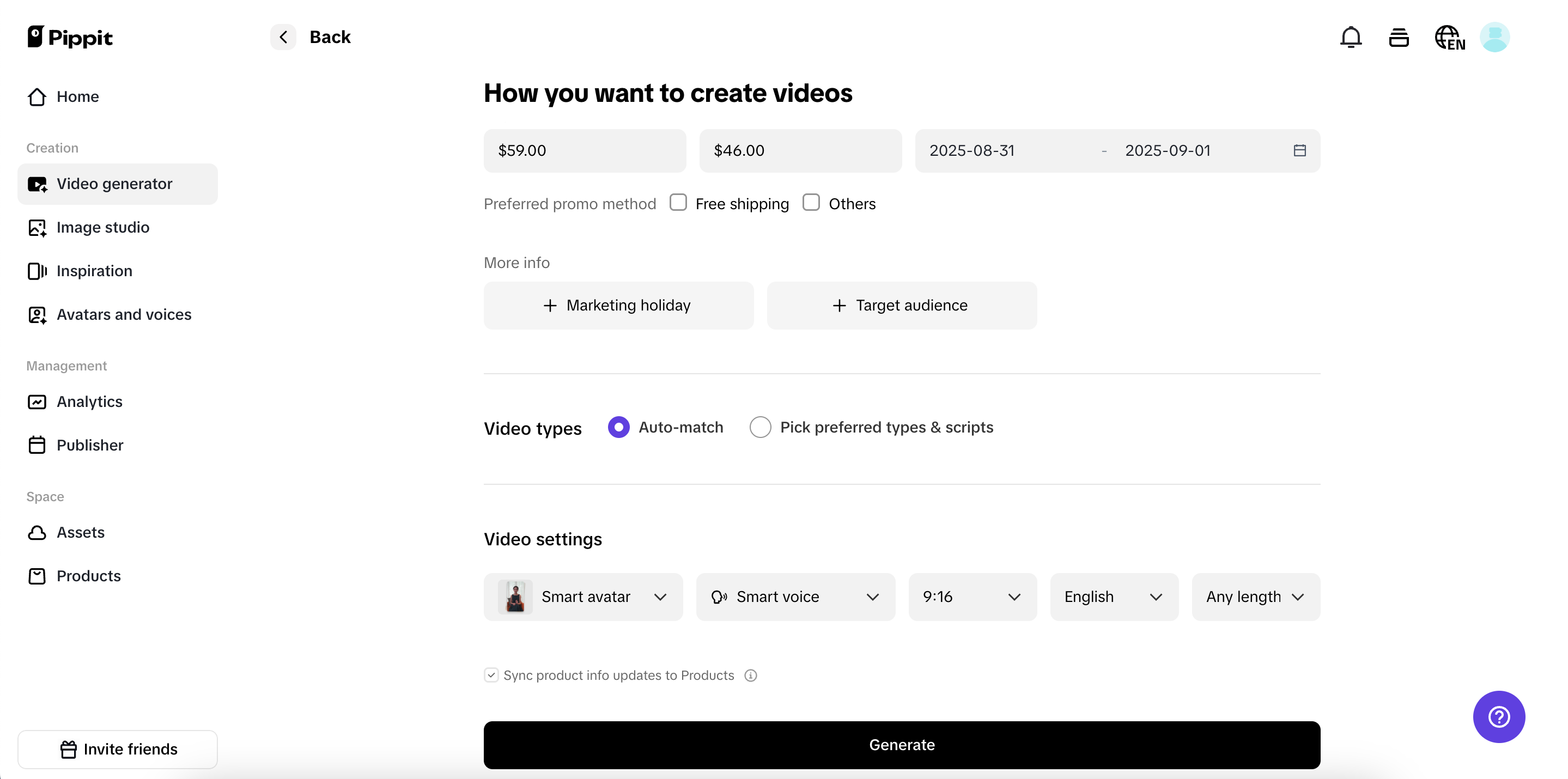 Generating video in Pippit