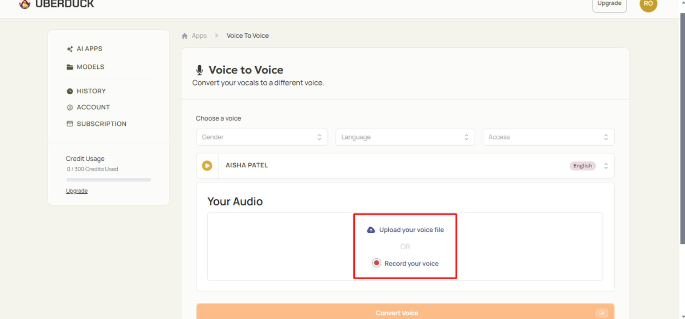 încărcarea audio pentru generarea vocii rapperului AI în Uberduck