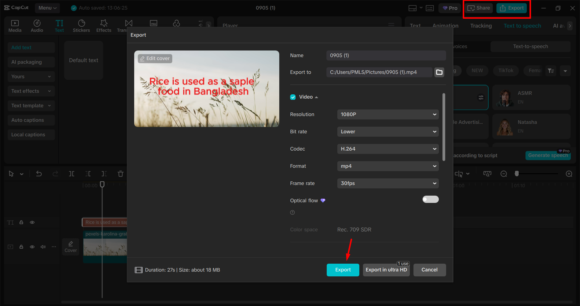 Exporting the video from the CapCut desktop video editor