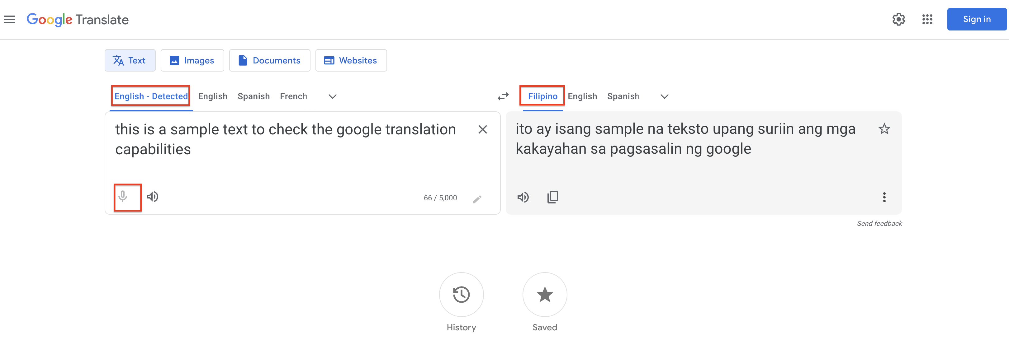 Translate English to Filipino in Google Translate | Tradução