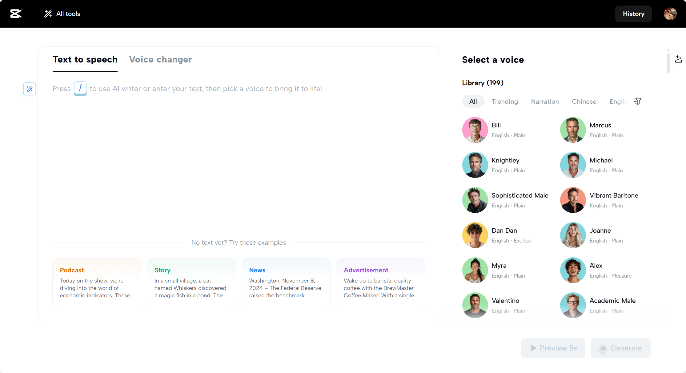 CapCut Web's text-to-speech tool interface