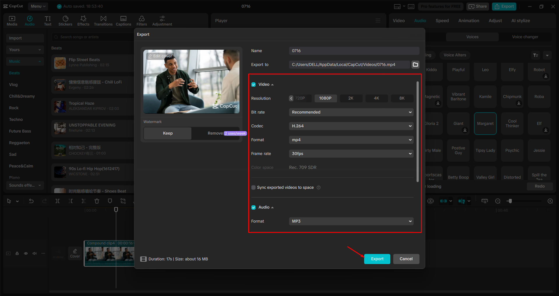 Exporting a video from the CapCut desktop video editor