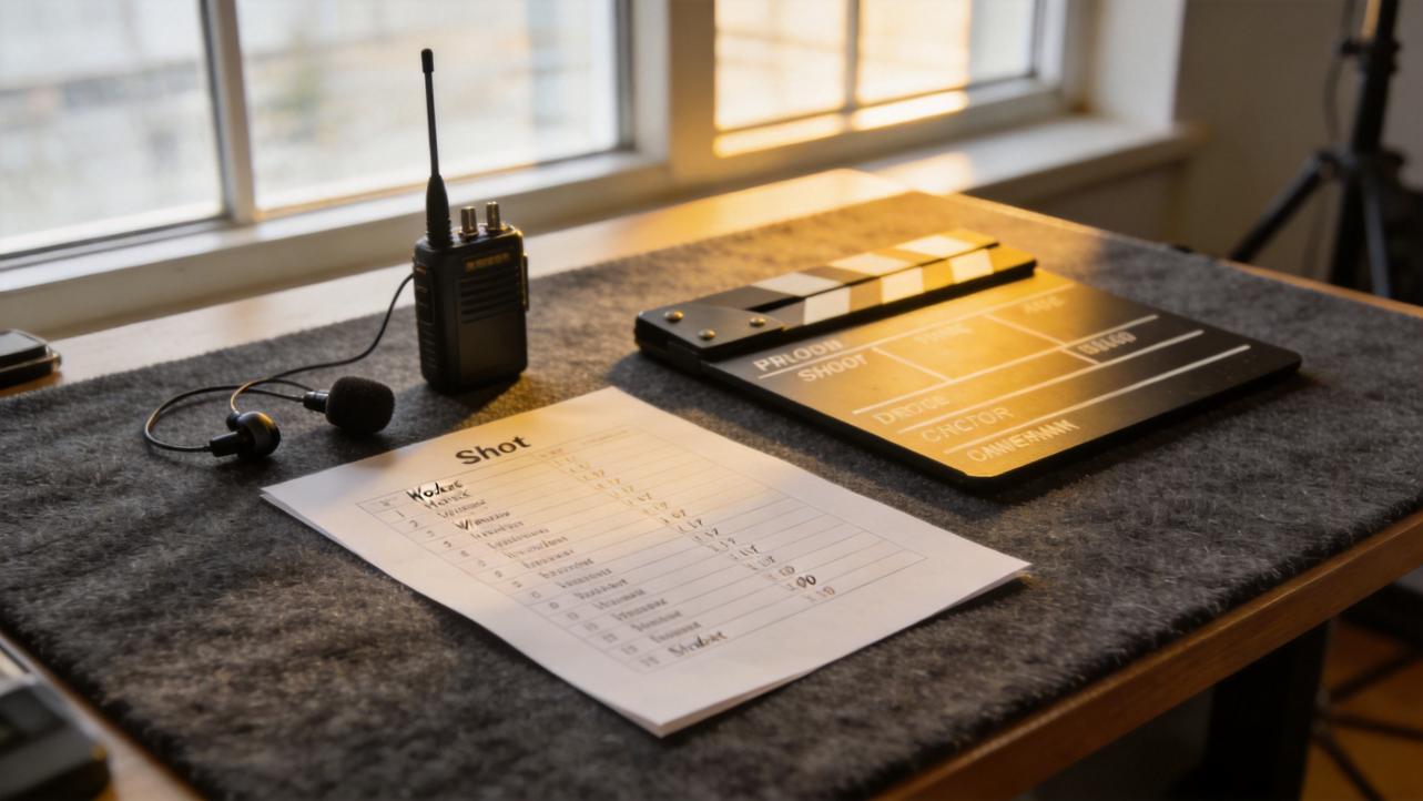 Film production setup with a walkie-talkie, lav mic, shot list, and clapperboard