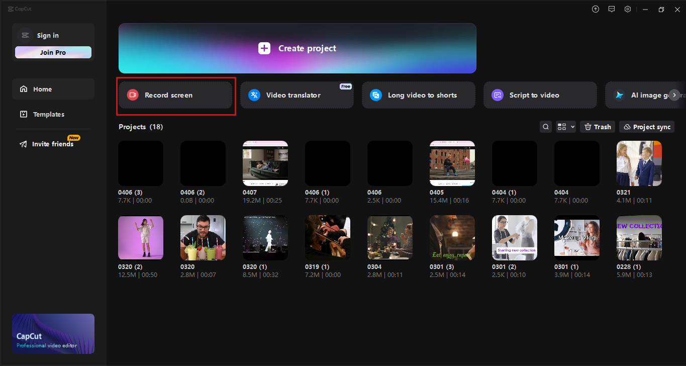 Avvio del registratore dello schermo nell' CapCut editor video desktop