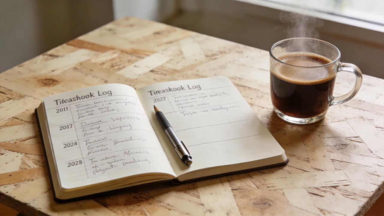 Open notebook labeled with years and handwritten notes beside a pen and steaming coffee mug