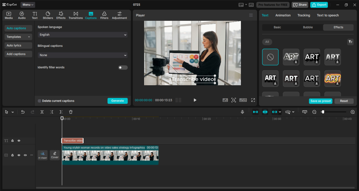 Editing interface of the CapCut desktop video editor - a perfect tool to transcribe videos