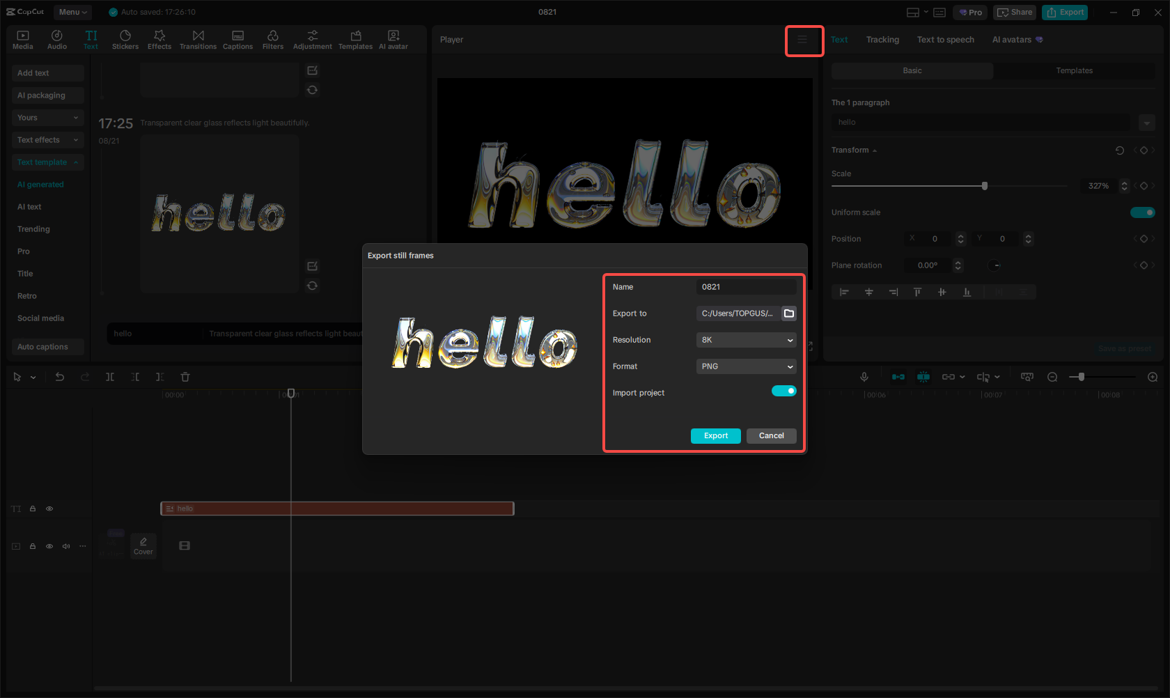 Exporting the text design in CapCut