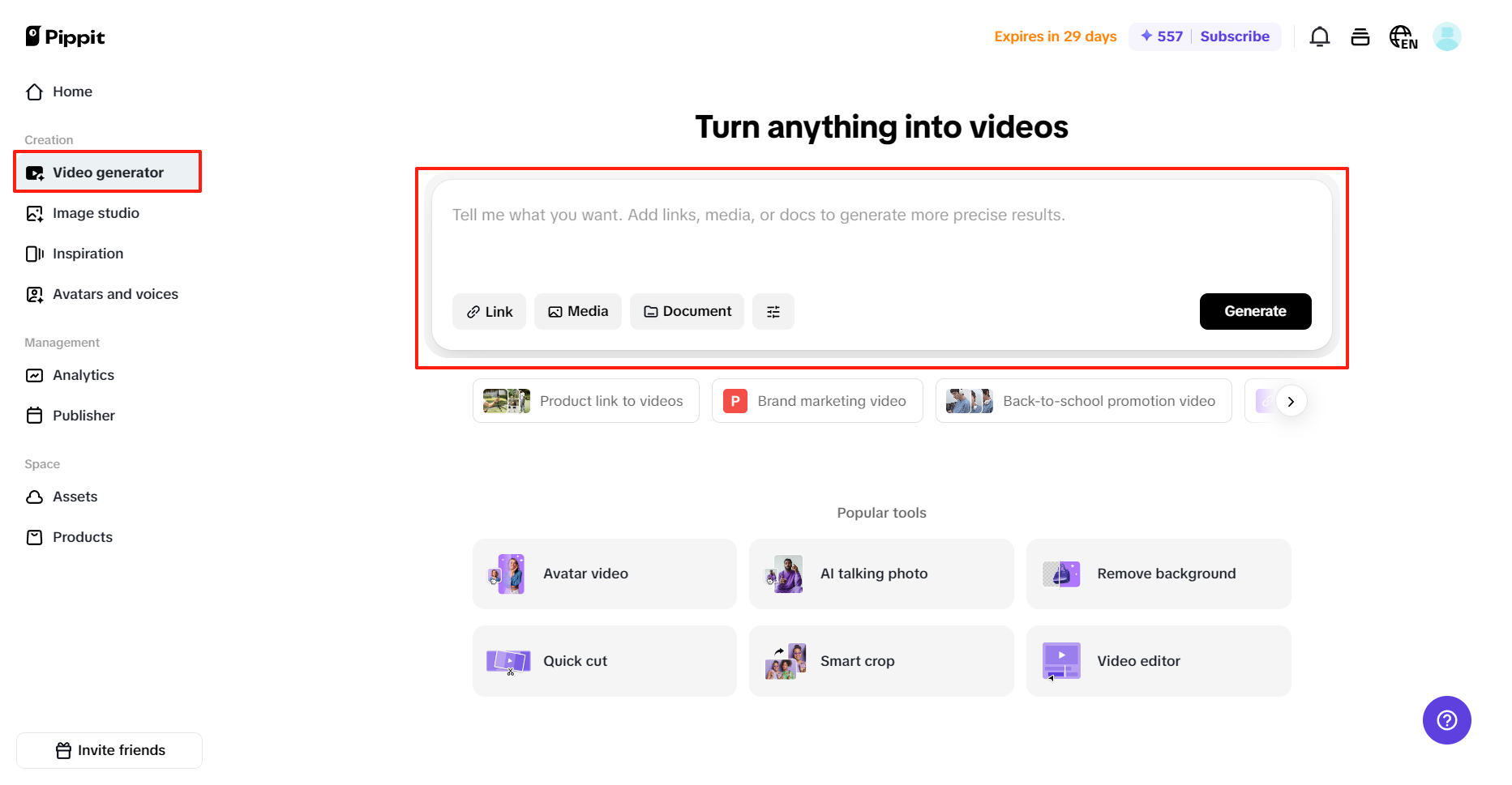 Generate reels using video generator