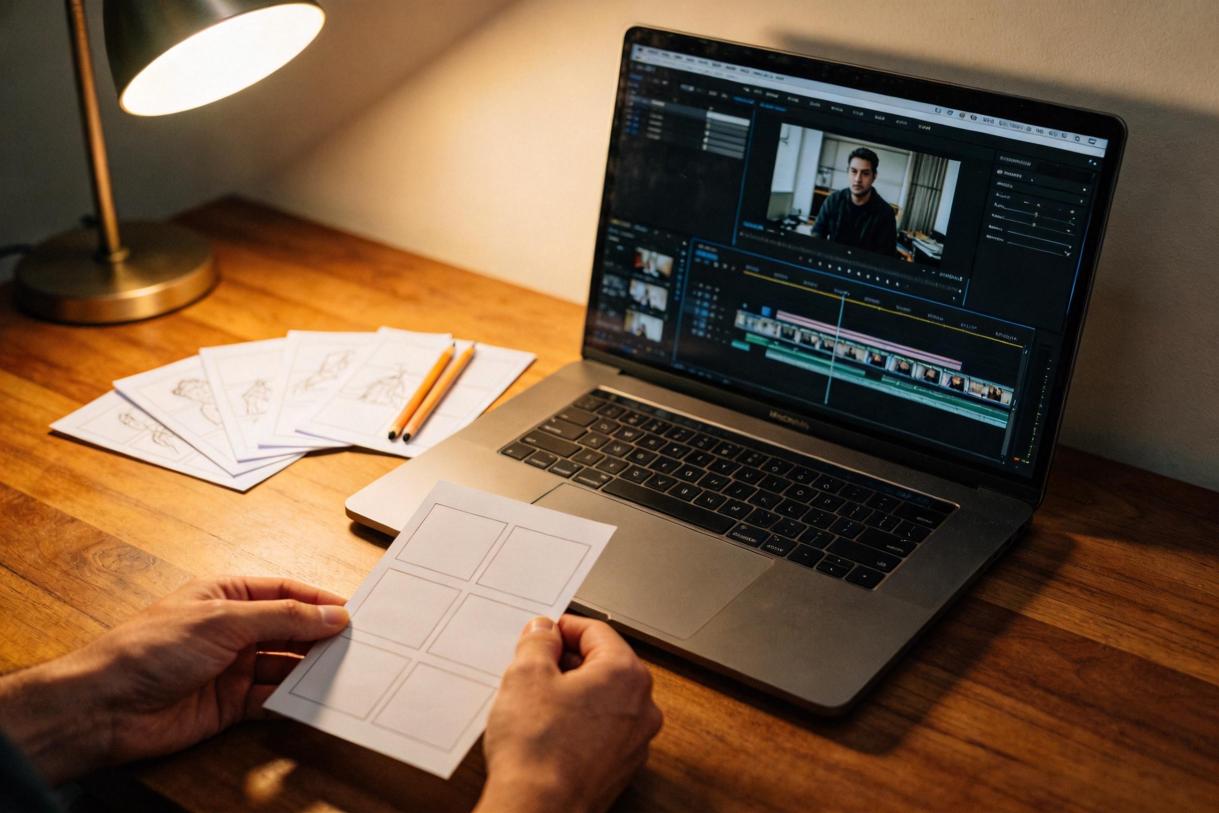 Hands holding a blank storyboard card beside a laptop with video editing software open