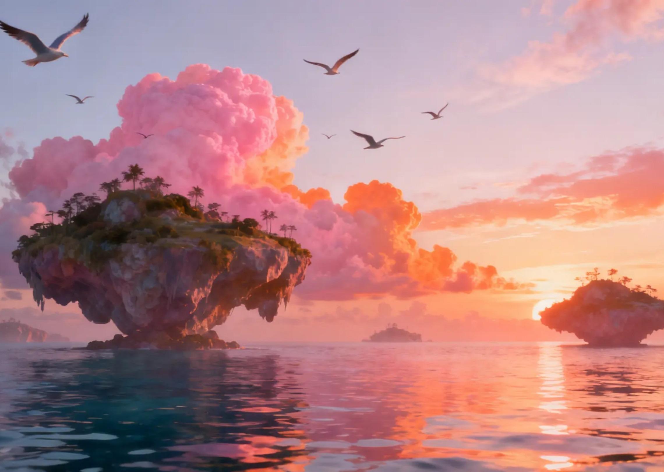 A dreamy ocean sunset with floating islands