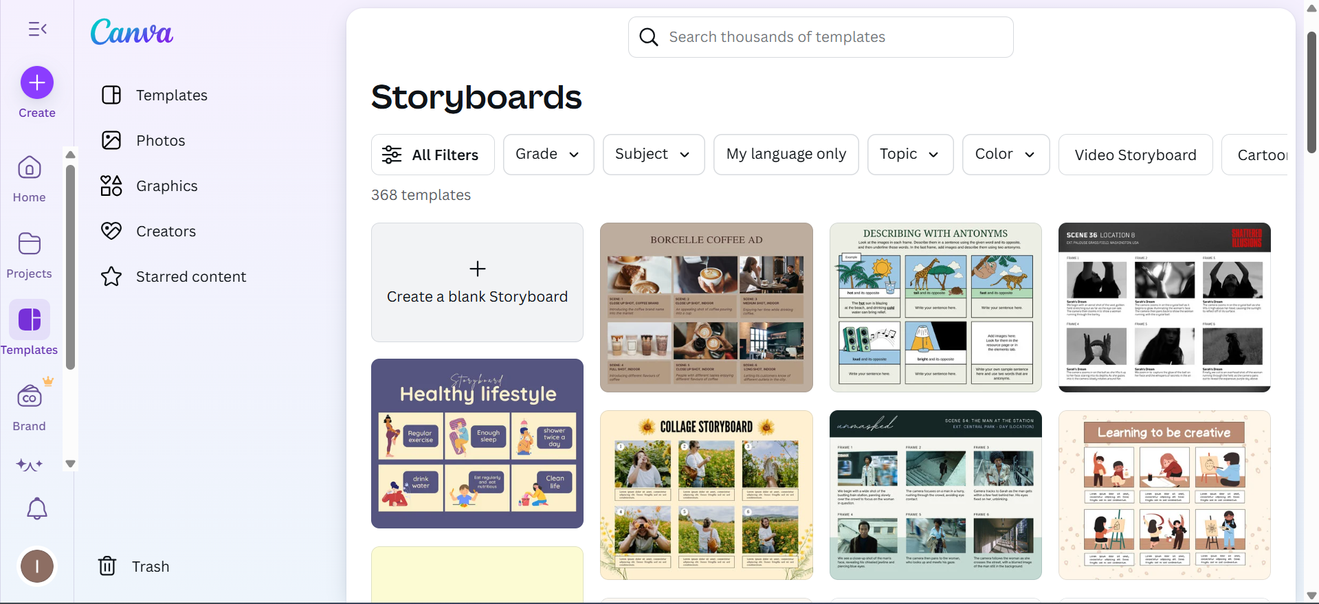 Canva - ein kostenloses Tool, das eine Storyboard-Vorlage KI bietet