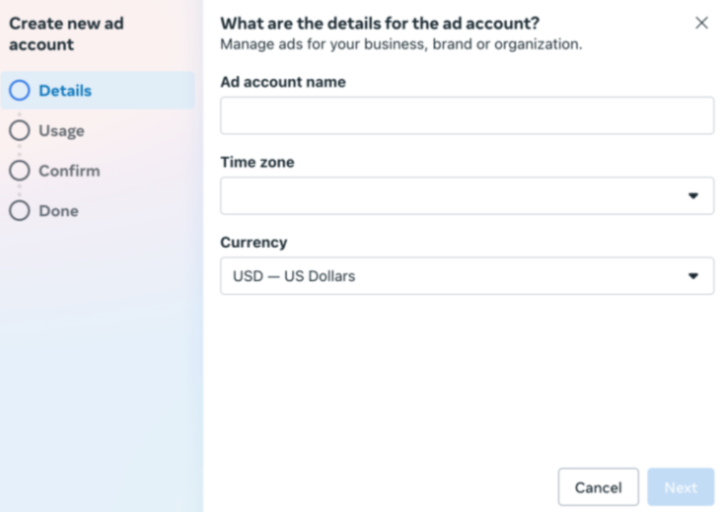 Digitare i dettagli dell'account in Facebook Ad Manager