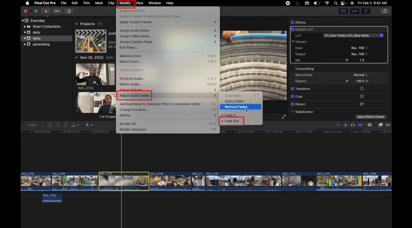 Audio fading out in Final Cut Pro using the modify menu