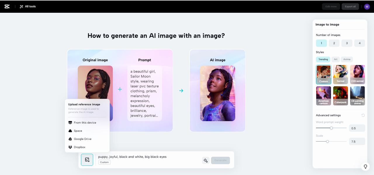 CapCut image to image editor showing a portrait, prompt, style choices, and AI result