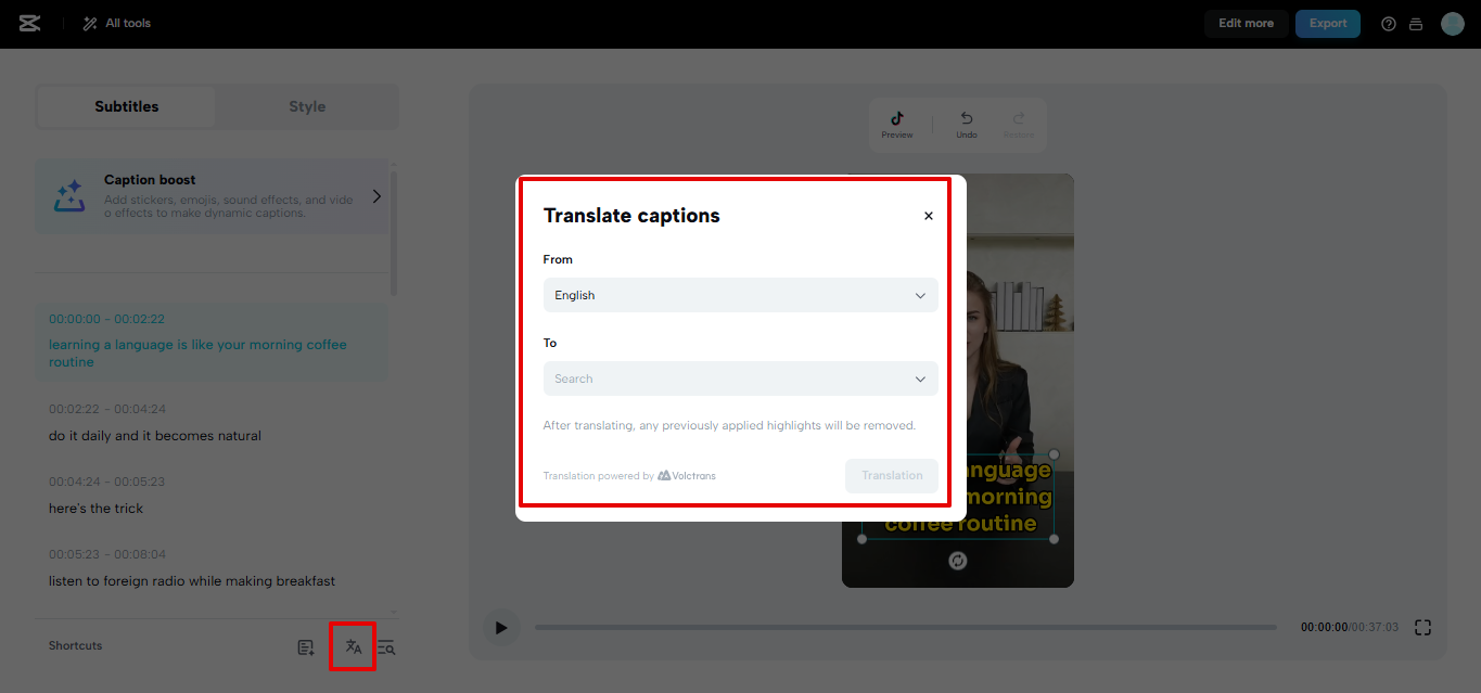 CapCut Web quick subtitles translation