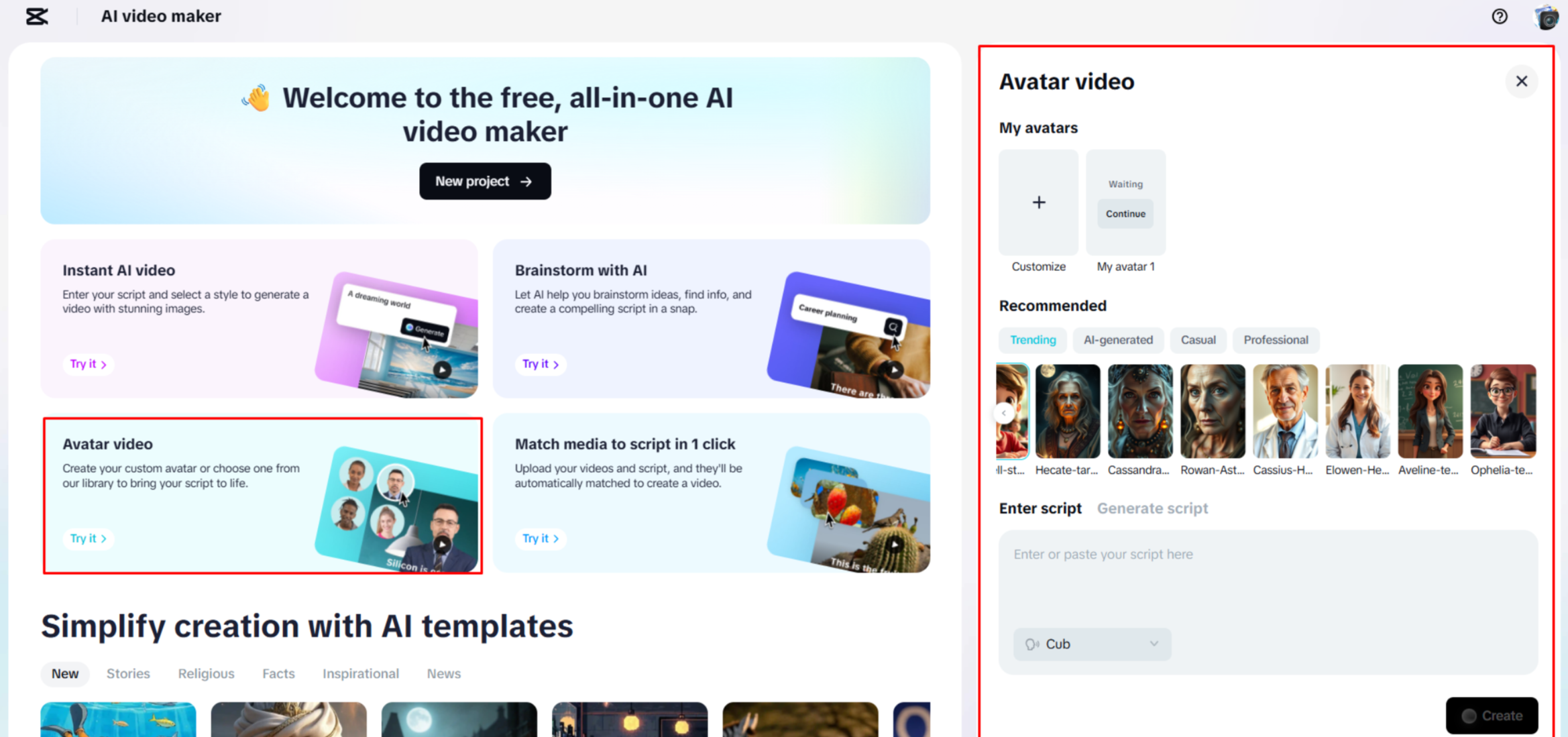 CapCut Web'de bir senaryo ve video oluşturma