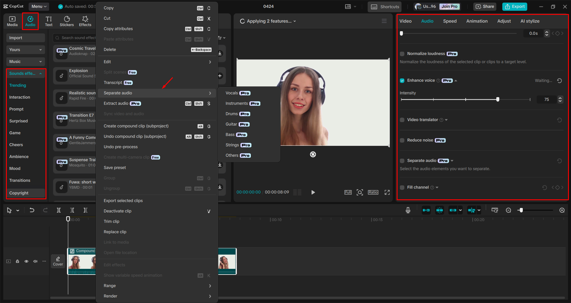 Separazione dell'audio da un video nell' CapCut editor video desktop