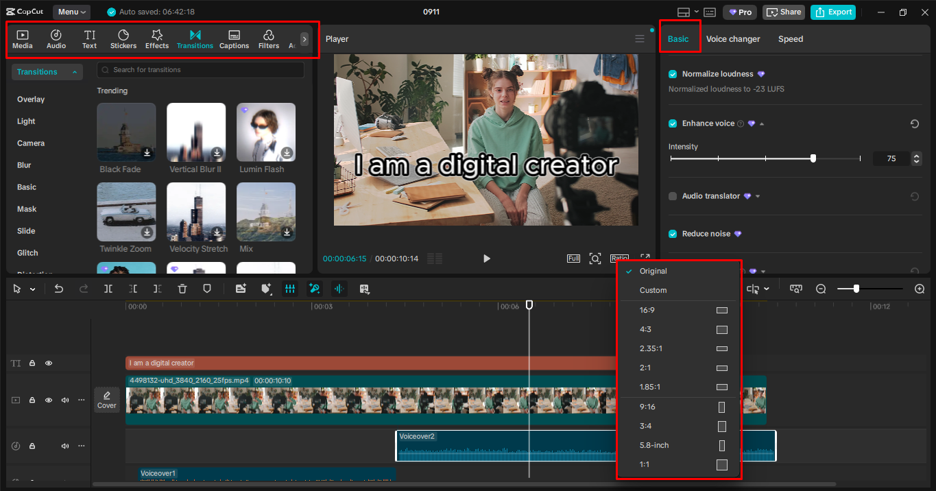 CapCut masaüstü video düzenleyicisinde videonun boyutlarını geliştirme ve ayarlama