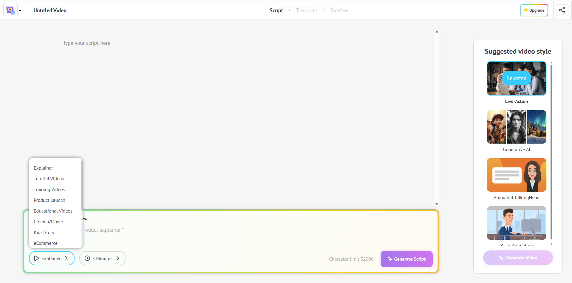 Interface ng Steve AI - ang pinakamahusay na AI video generator mula sa audio