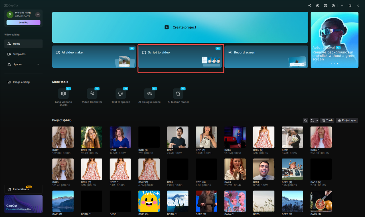 Selecting the "Script to video" feature in CapCut