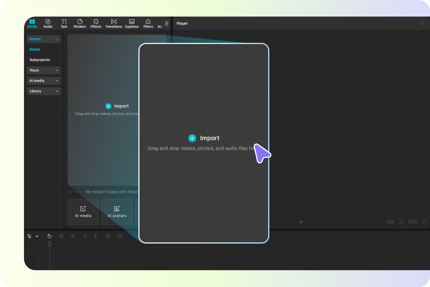 CapCut upload area ready to import a speech video for filler-word detection and editing.