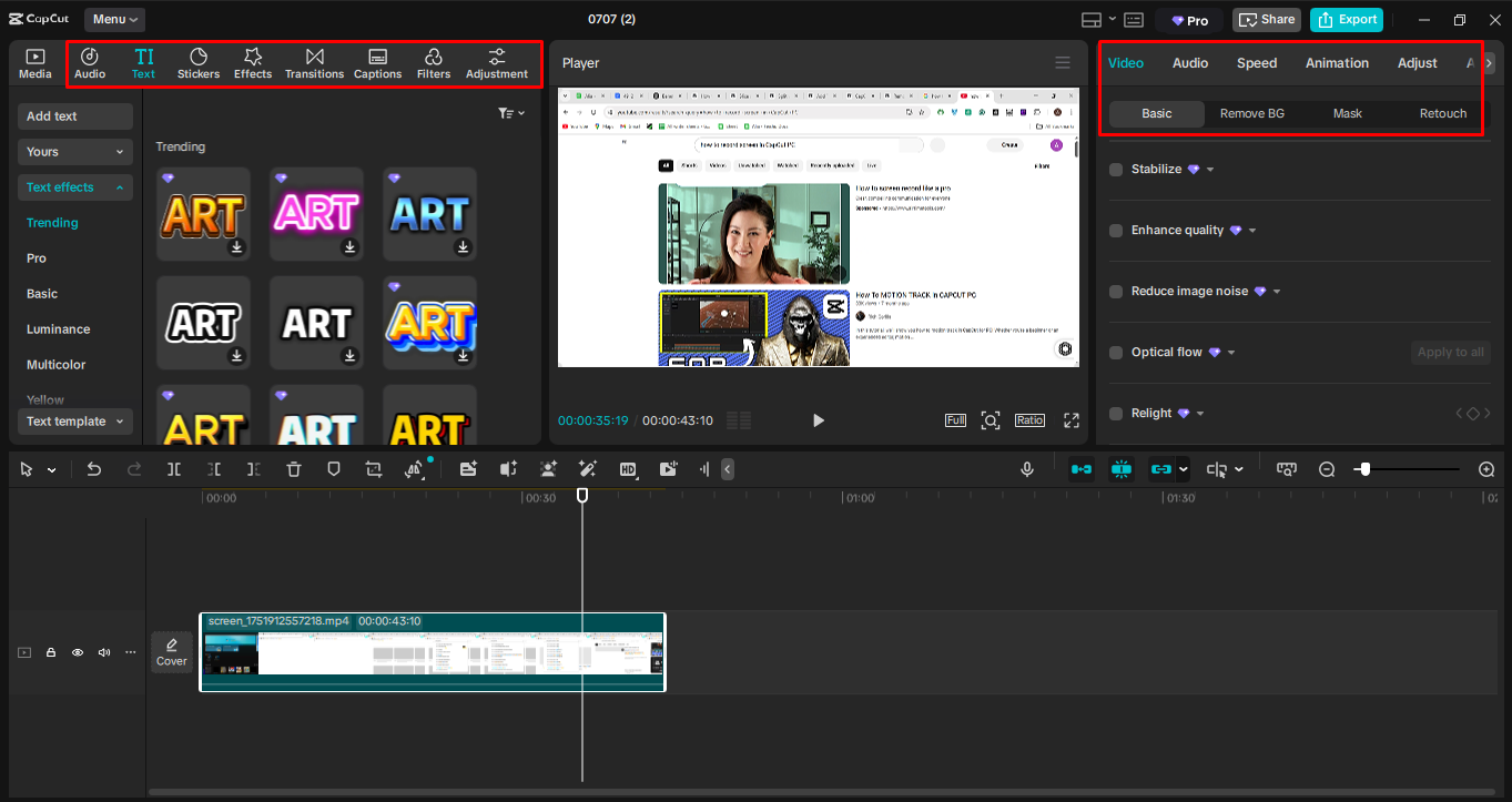 Editando la grabación de pantalla en el editor de video de escritorio de CapCut