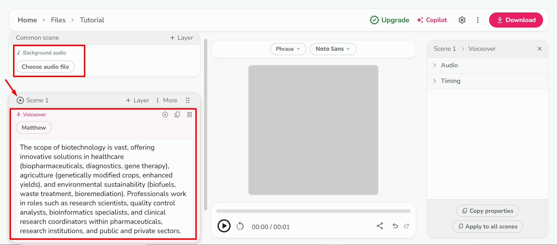 Pasting the script in Fliki text-to-speech