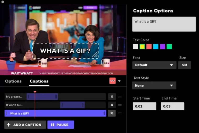 Interface de Giphy - um gravador de tela GIF amplamente conhecido