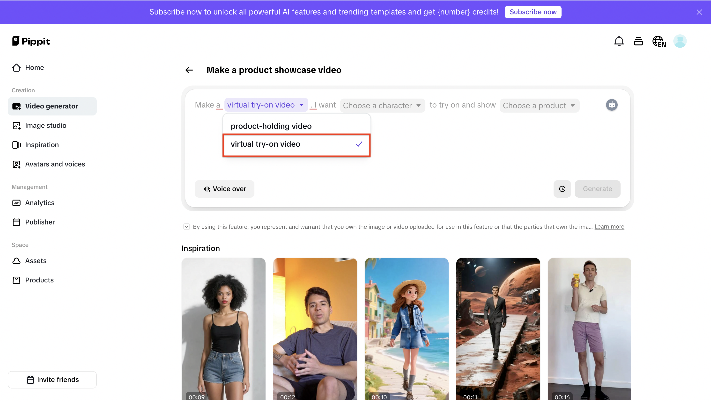 Seleccionar la opción de video de prueba virtual