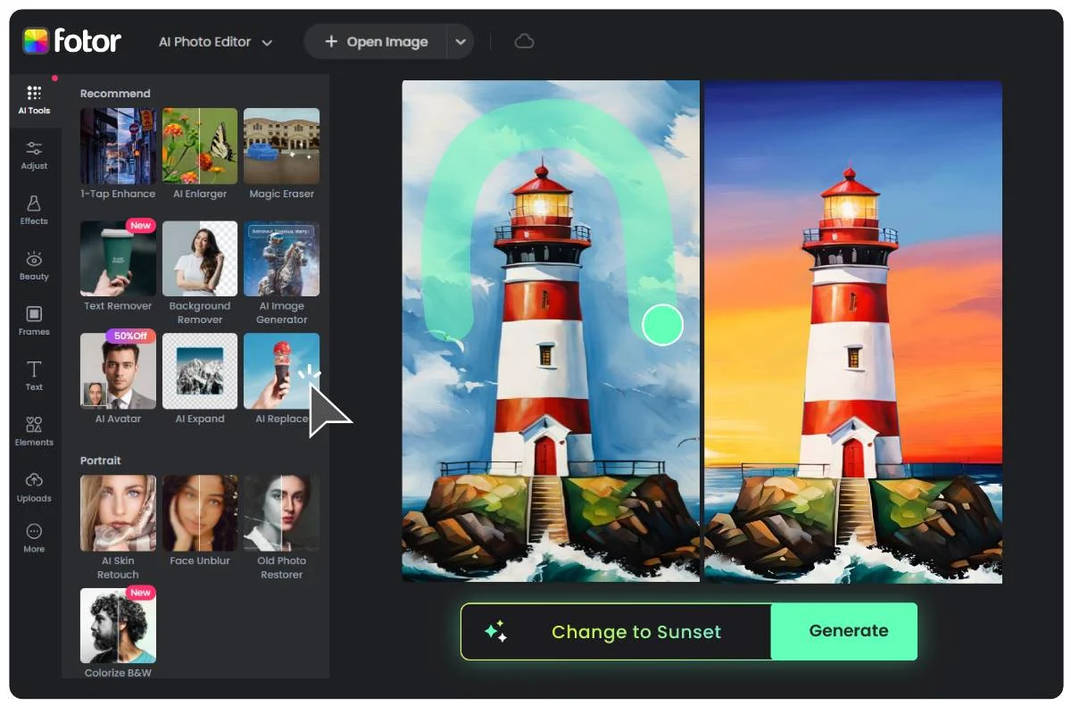 Interface of Fotor - another free AI photo retouching tool