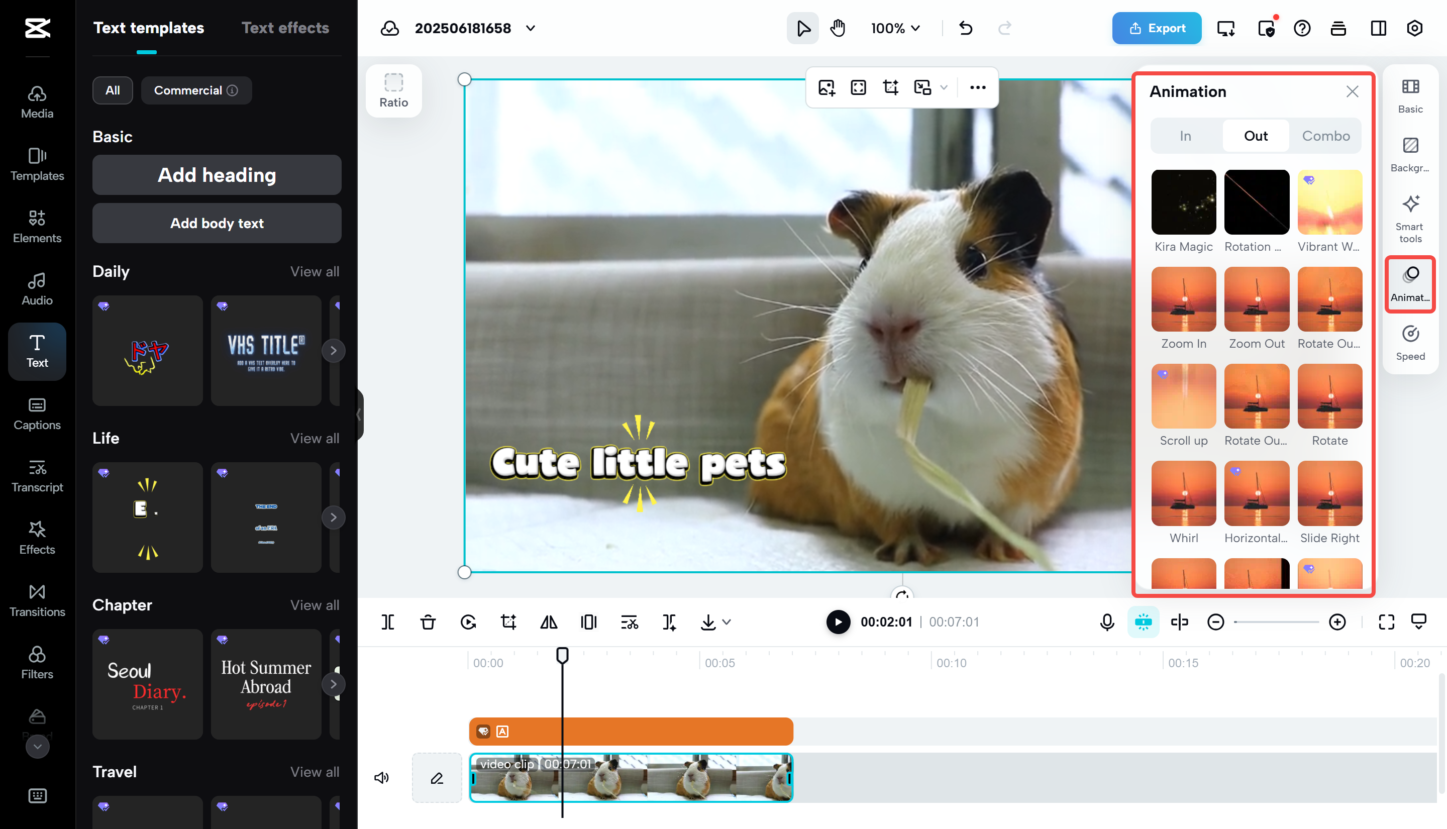Ve a la pestaña "Animación" en CapCut Web