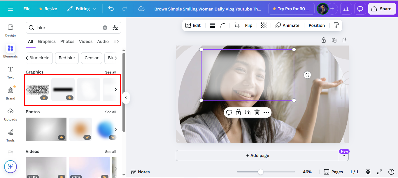 Utilisation d'éléments pour flouter une image dans Canva