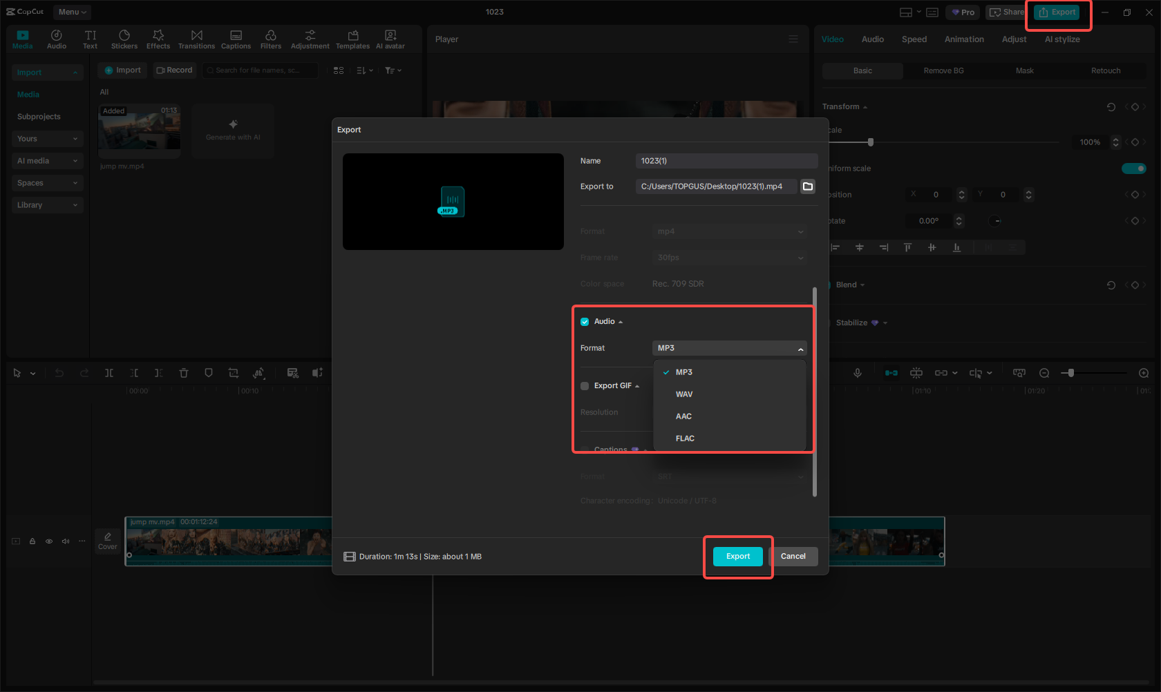 Save the audio file in MP3 format