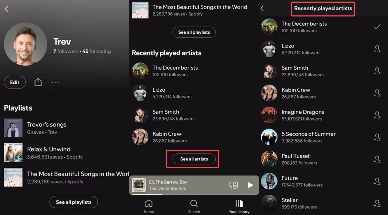 Imagen que muestra cómo ver a tus mejores artistas en Spotify móvil