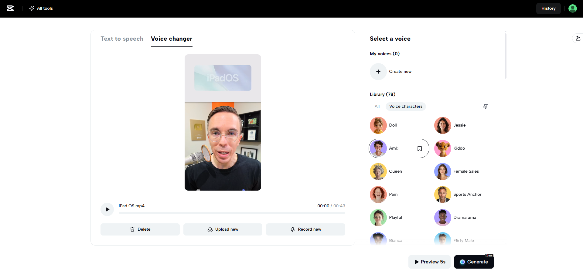 CapCut Web's voice changing interface