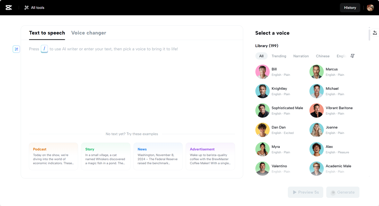 Capcut Web text-to-speech tool interface